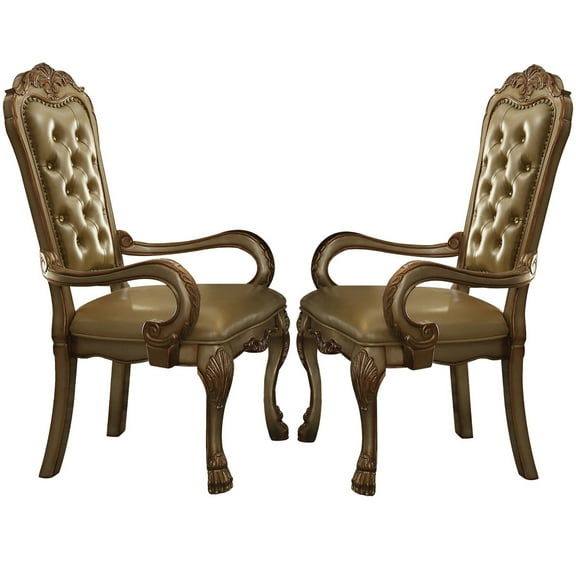 Benjara Leatherette Upholstered Arm Chair with Intricate Carvings, Set of 2, Gold