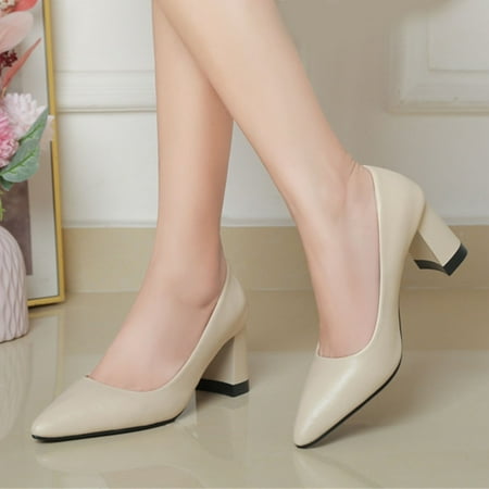 

NEGJ Fashion Autumn Women Casual Shoes High Heel Chunky Heel Pointed Toe Solid Color Shallow Mouth Slip On