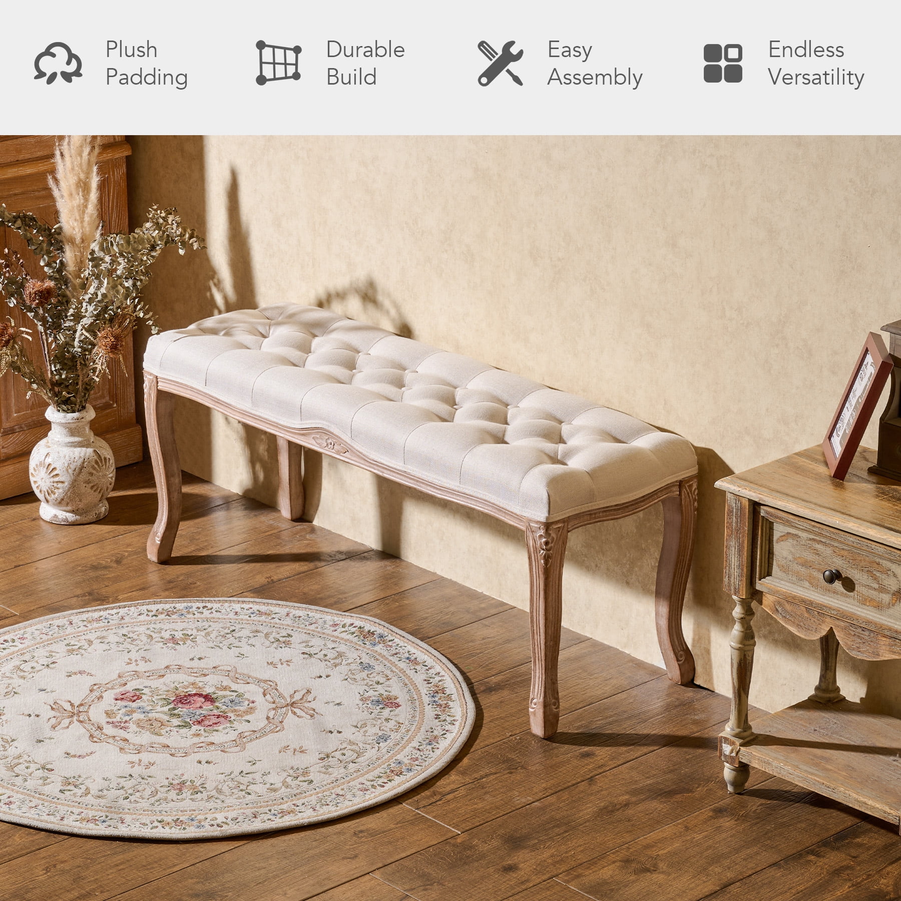 Bestco Vintage Ottoman Bench 44" Linen Upholstered Piano End of Bed