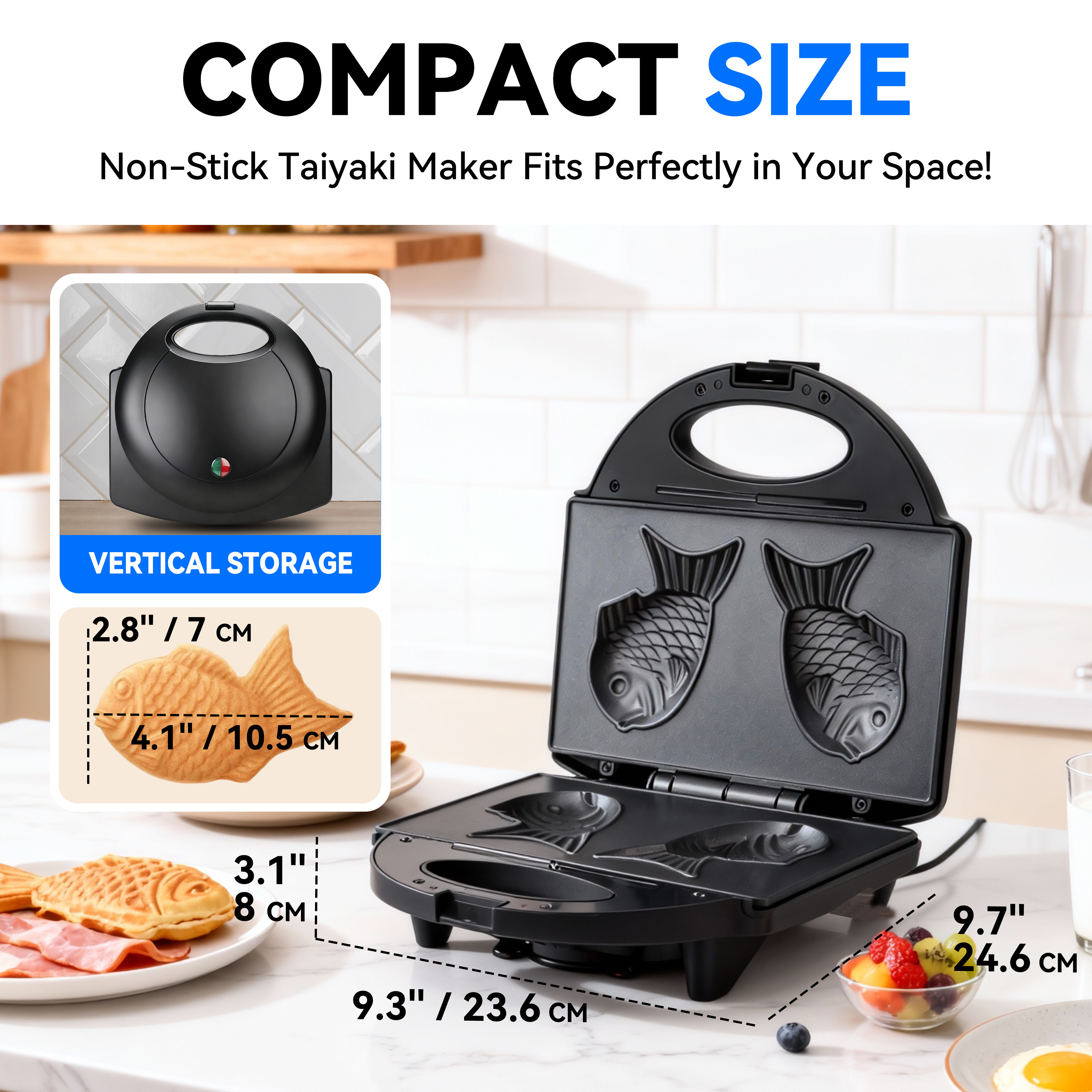 Mailand Taiyaki Fish Waffle Maker Machine,  Electric Taiyaki Maker,   Small Waffle Maker for Kids & Family, 2 Per Batch Fish-shaped Taiyaki, Non-stick Surface