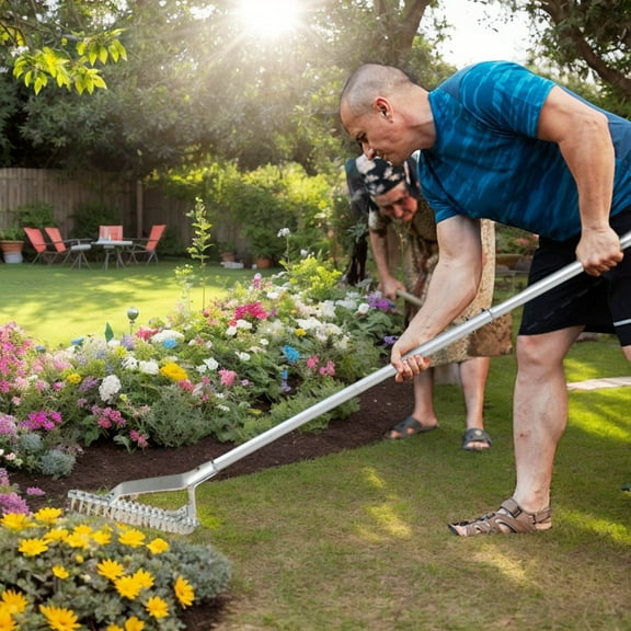 Yardi Yarda 20 Inches Wide Aluminum Lawn Loosening Soil Rake, Lawn Rake with Long Handle and 19 Curved Tines for Outdoor as Yard, Silver