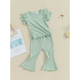 thumbnail image 4 of Musuos Toddler Girls Spring Outfits 1-5T Fly Sleeve Solid Color Rib T-Shirts Tops Elastic Waist Flare Pants 2Pcs Clothes Set, 4 of 10