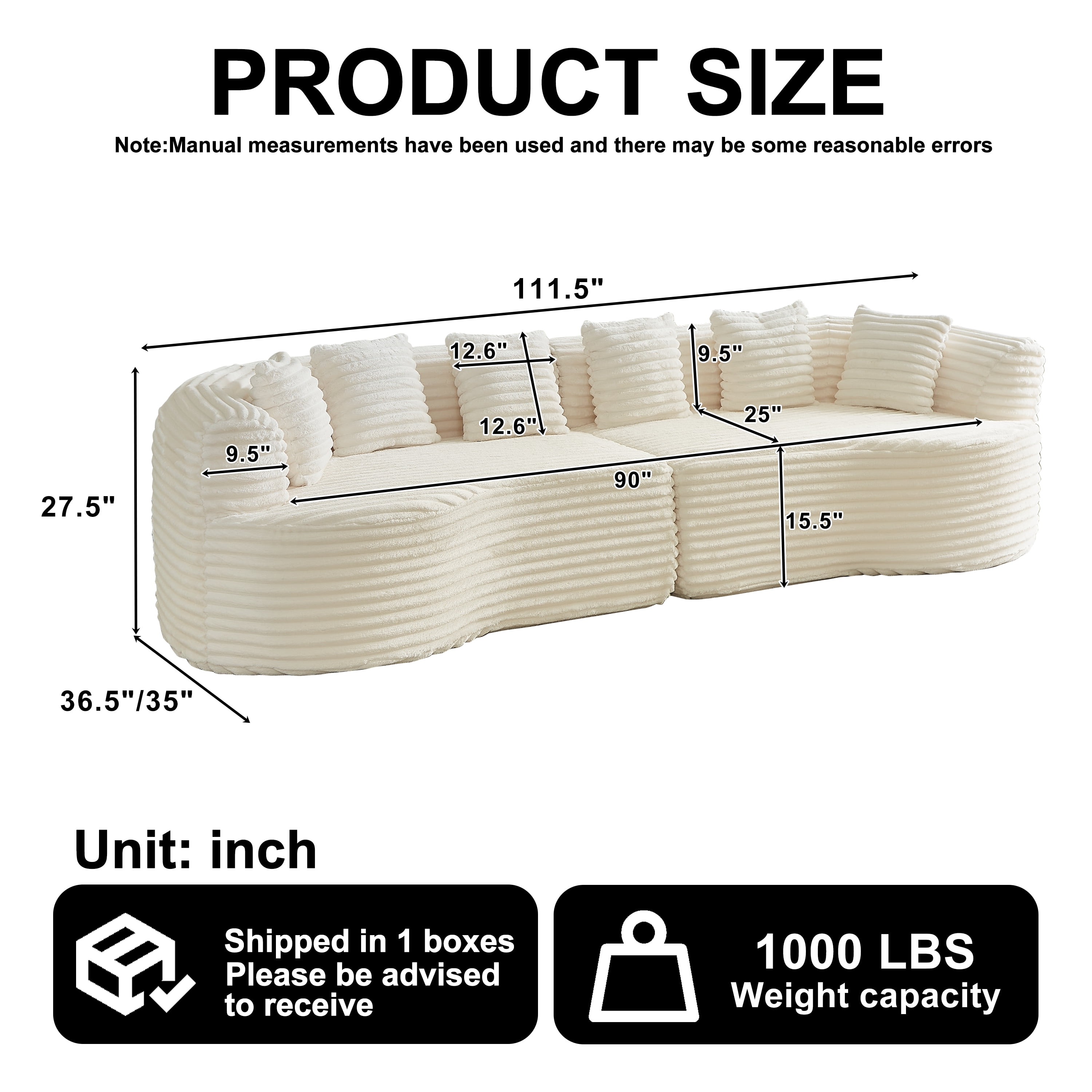 Leumius 111.5" Curved Sectional Sofa, Oversized Corduroy Modern Cloud Sofa with 6 Pillows,4 Seater Memory Foam Sofa with Deep Seat for Living Room,Beige Corduroy