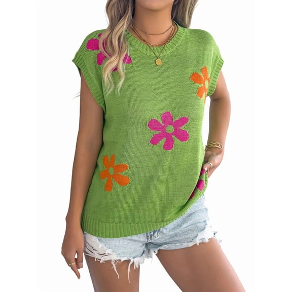 Women'S Cap Sleeve Floral Short Sleeve Sweater Crew Neck Casual Knit Pullover Tops Green S