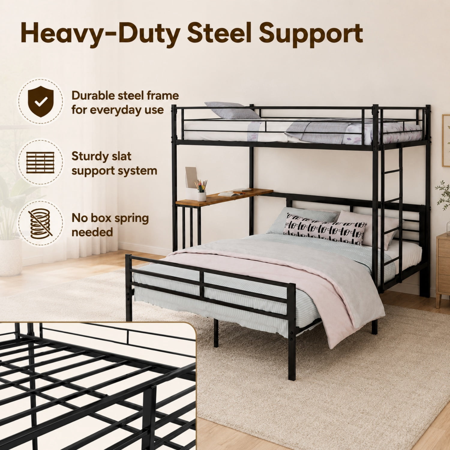 Miniyam Twin Over Full Bunk Bed with Built-In Desk – Metal Space-Saving Bed for Kids, Teens, Dorm Rooms, Black