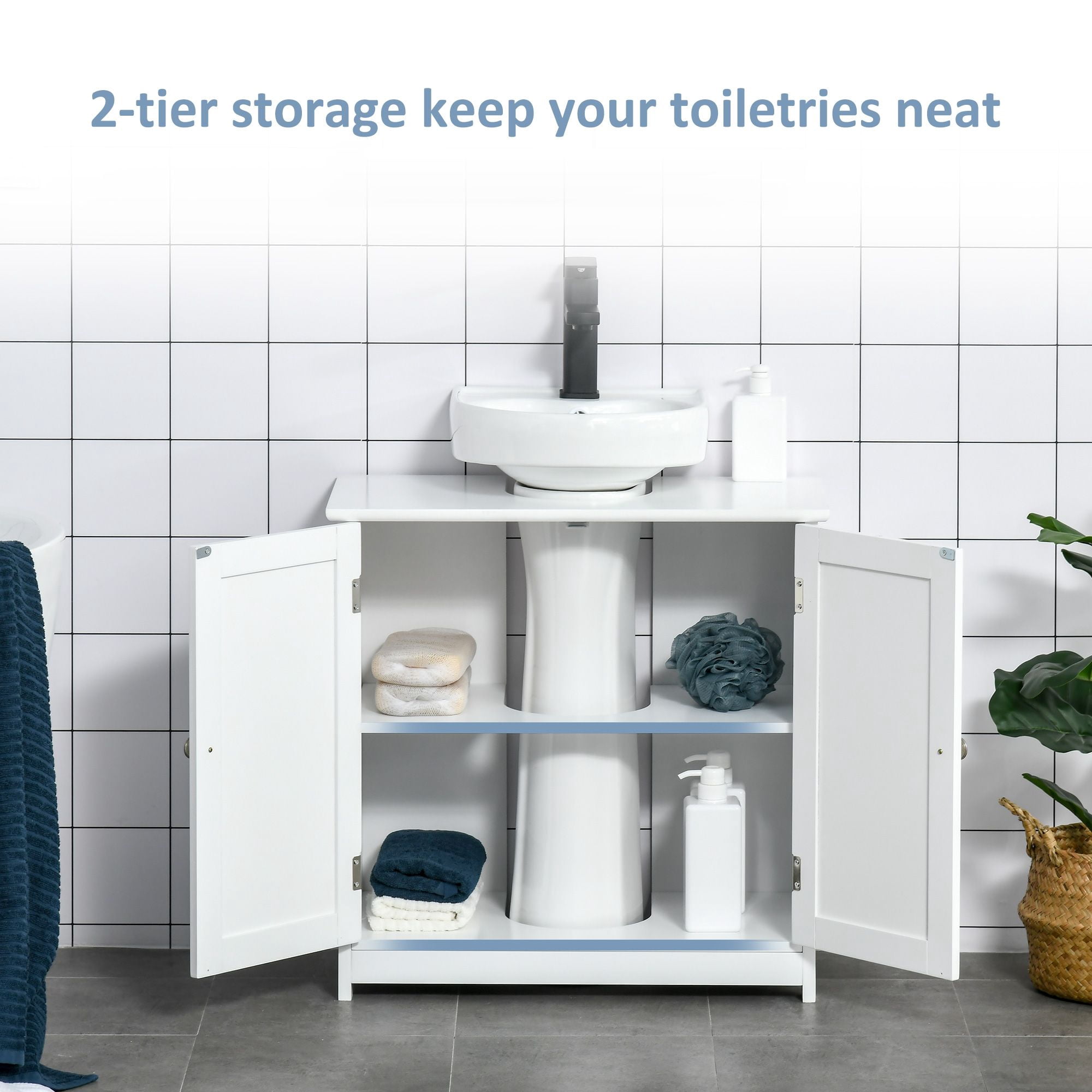 Pedestal Sink Cabinet White Bathroom Vanity Storage with U-Shape Cut-Out Adjustable Shelf