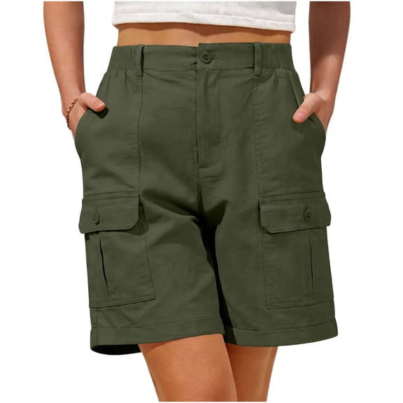 Cagogo Women Elastic Waist Cargo Shorts with Pockets Casual Solid Basic Bermuda Pants Travel Hiking Summer Outdoor Trousers for Ladies, Army Green S