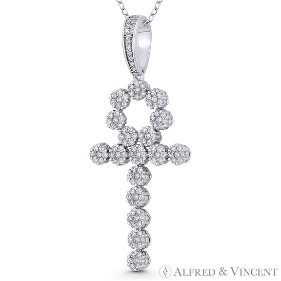 Egyptian Ankh Cross Key-of-Life Large Cubic Zirconia CZ Crystal Pave 52x21mm (2x0.8in) Pendant in .925 Sterling Silver w/ Rhodium