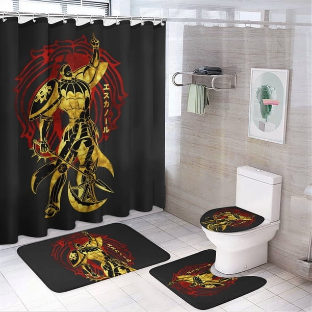 Escanor - Juego de 4 cortinas de ducha con alfombrillas antideslizantes, tapa de inodoro y alfombrilla de baño, cortina de ducha impermeable con dibujos animados para niños con 12 ganchos, decoración