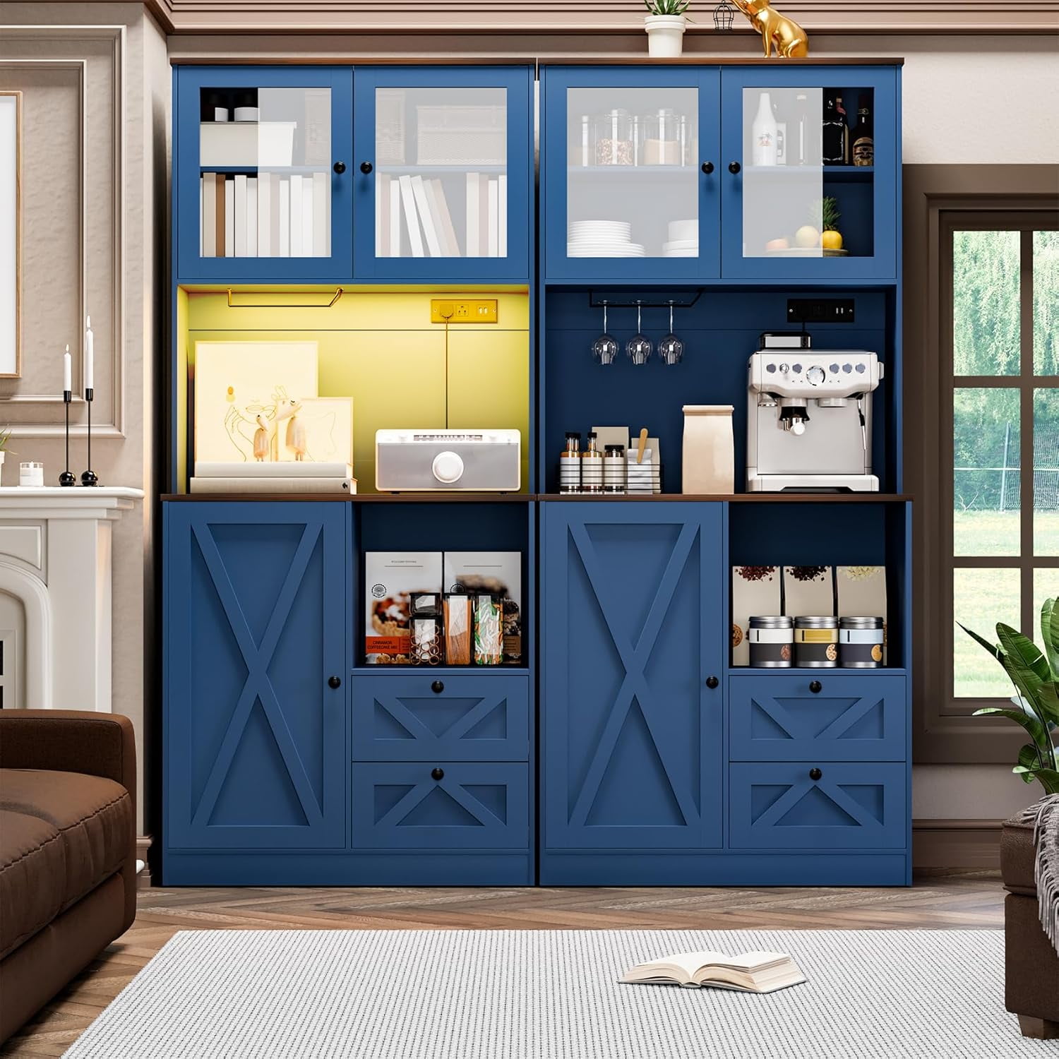 Timagebreze 71 Inch Farmhouse Pantry with LED Lighting & Electrical Outlet, Tall Kitchen Cabinet with Microwave Stand,Blue