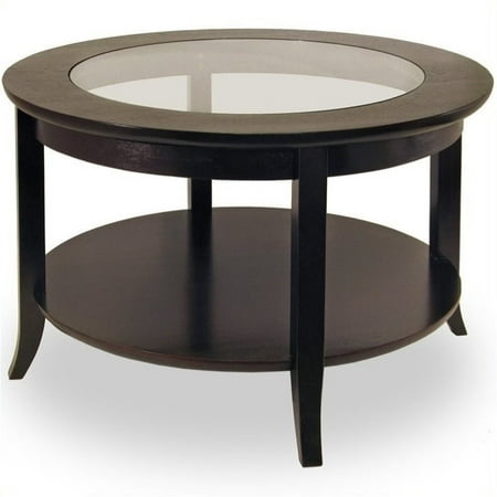 Pemberly Row Round Wood Coffee Table with Glass Top in Dark Espresso