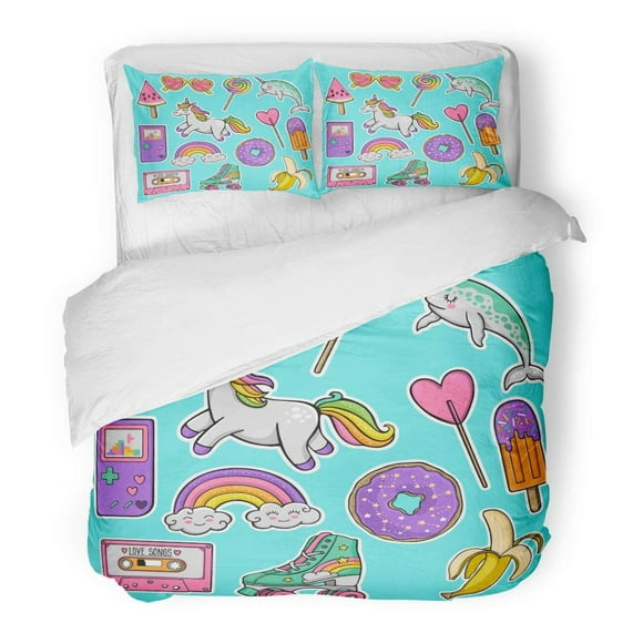 RYLABLUE 3 Piece Bedding Set Patch Badges Unicorn Narwhal Watermelon Sunglasses Donut Banana Cassette Tape Roller Skates Retro Game Twin Size Duvet Cover with 2 Pillowcase for Home Bedding Room