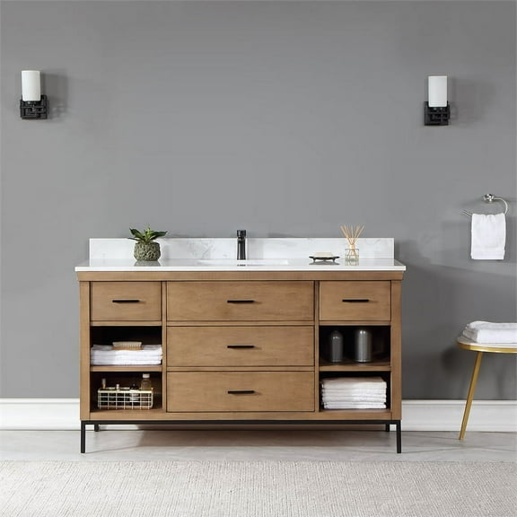Kesia 60" Single Bathroom Vanity Set in Brown Pine with Aosta White Composite Stone Countertop without Mirror