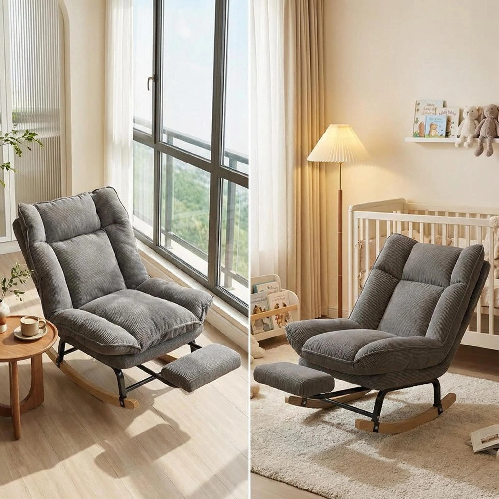 Keerffo Nursery Rocking Chair with Footrest,Corduroy Upholstered Lazy Recliner Lounge Chair, Single Sofa for Living Room, Rubber Wood Legs