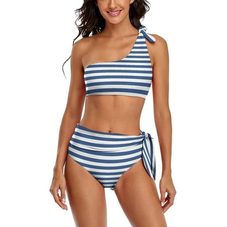 Blue And White Vintage Stripes One Shoulder Bowknot Swimsuit Two Piece Swimsuit Knot Crop Top Bikini High Waisted Bathing Suit