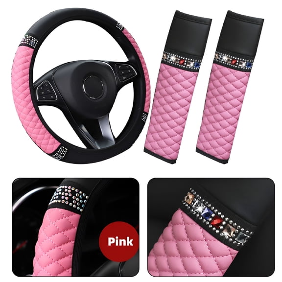 MELIVO 3PC Leather Rhinestone Car Steering Wheel Cover with Shoulder Pads Pink