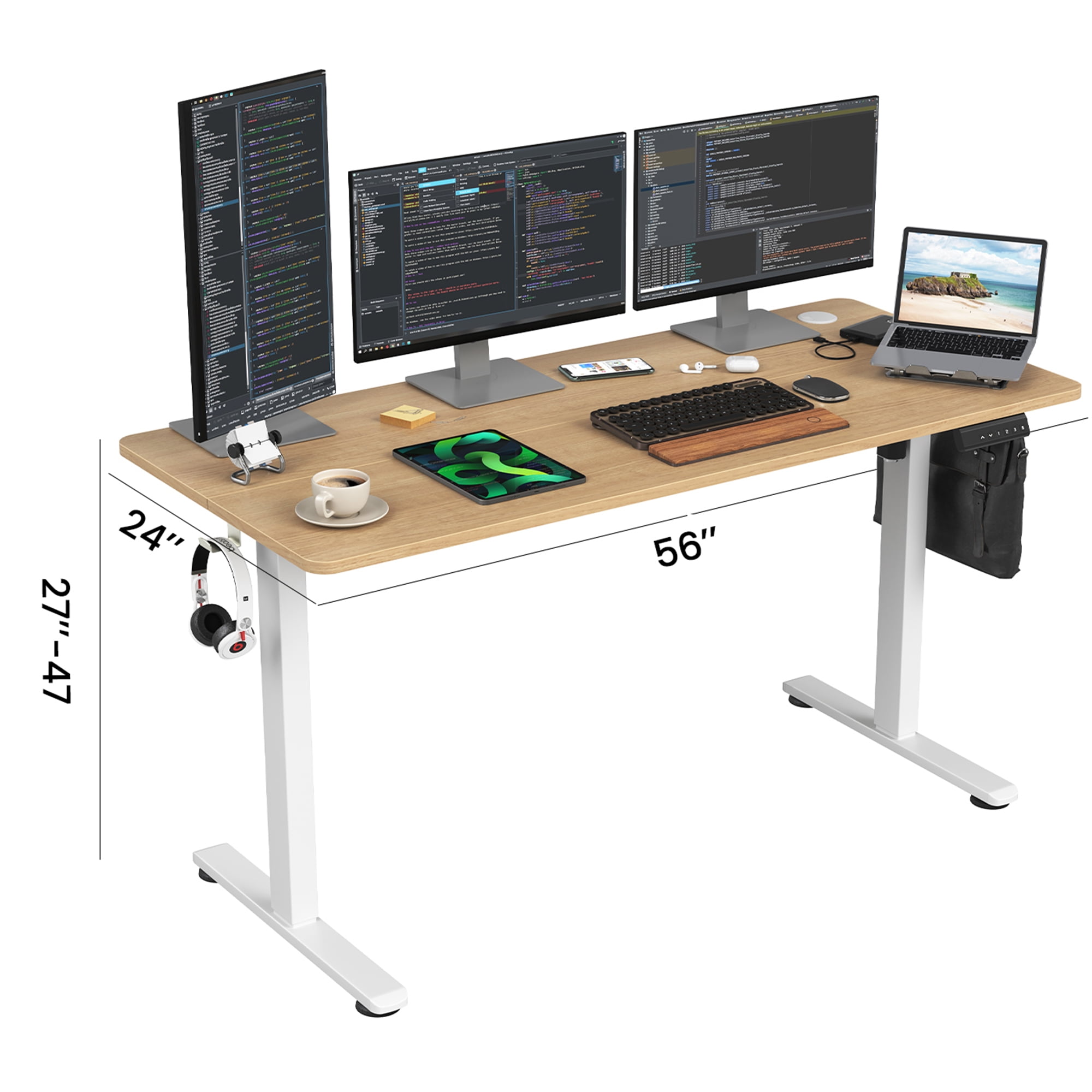 MAYEERTY 55×24" Electric Height-Adjustable Desk, Sit Stand Desk with Side Hooks for Home & Office, Nature