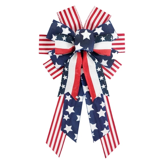 4th of July Decorations Outdoor Bow, Red White Blue American Flag Bow, Large Decorative Bow for Independence Day, Patriotic Star Tree Topper Bow, Memorial Day Front Door Decorations Bow 1Pcs