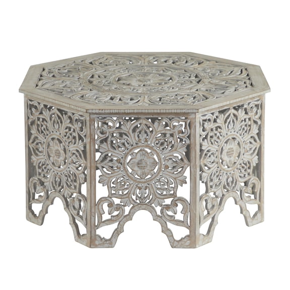 DecMode 33" x 18" Light Gray Wood Handmade Intricately Carved Floral Coffee Table with Hollow Interior, 1-Piece