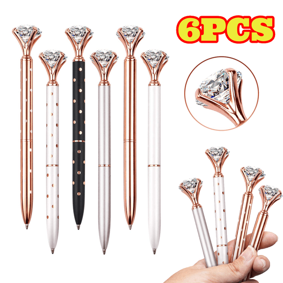6pcs Diamond Pens with Big Crystal, Glitter Metal Ballpoint Pens for Writing, Black Ink