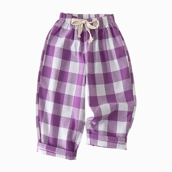 5-6T Boys Girls Gingham Plaid Jogger Pants,Lightweight Cotton Drawstring Loose Harem Pants,Breathable Cuffed Lounge Pajama Sweatpant for Toddler Little Big Girls Size 12 Months-10T,Purple
