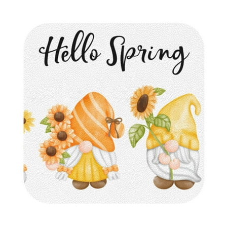 

Matuu Hello Spring Sunflower Gnomes for Cup Coasters Set of 6 Leather Coasters Desk Coasters for Office Measures 4” x 4” Square