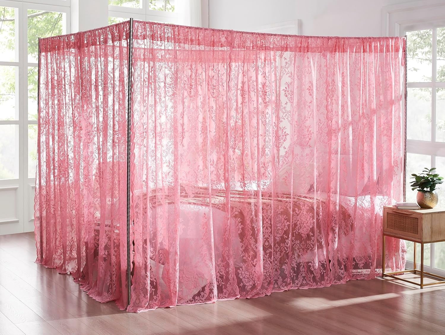 Warm Home Designs Lace Canopy Bed Curtains Set Consists of 8 48" x 78" Rose Pink Canopy Curtains with Tie-Backs. LC Rose