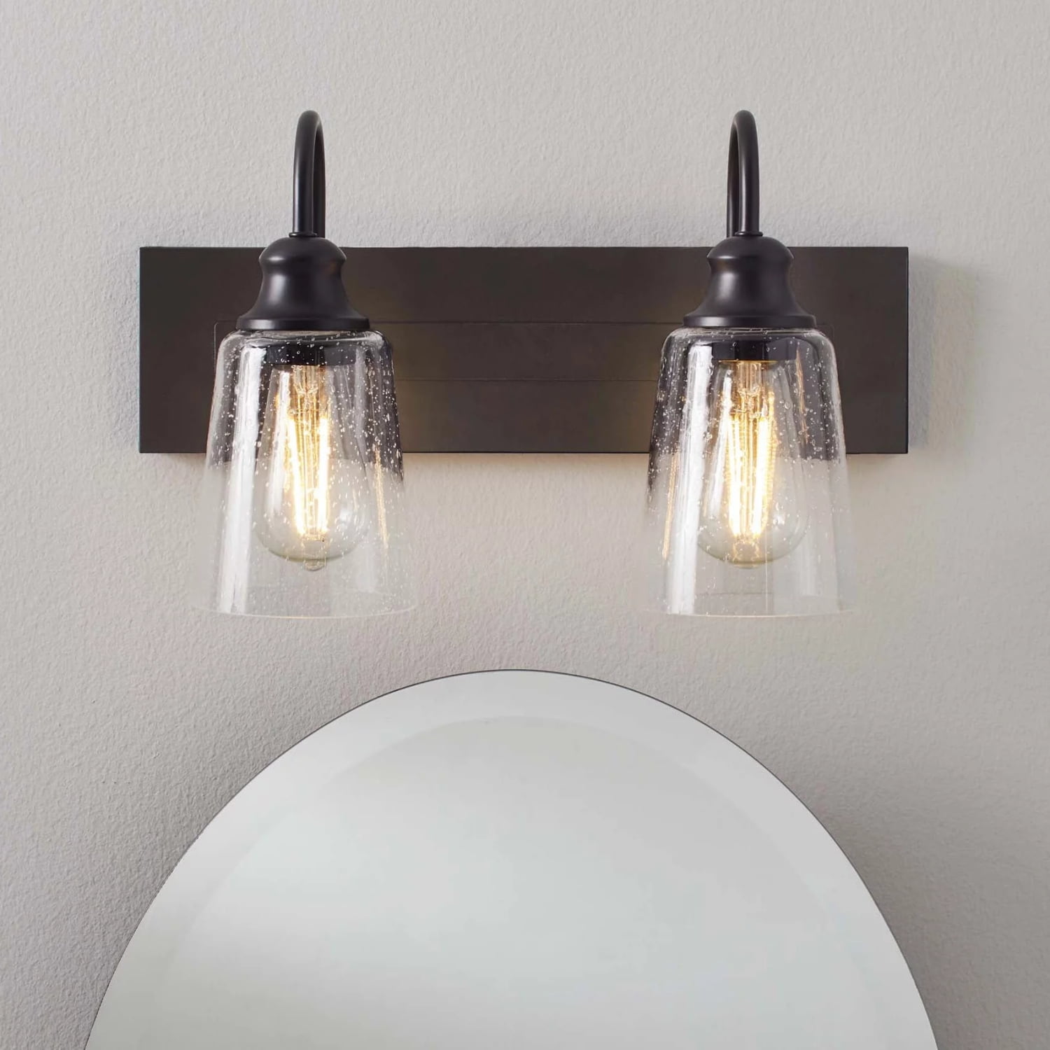 (2 pack) Better Homes & Gardens 16" Farmhouse 2-Light Bronze Vanity Light, Metal Fixture Seeded Glass Shades