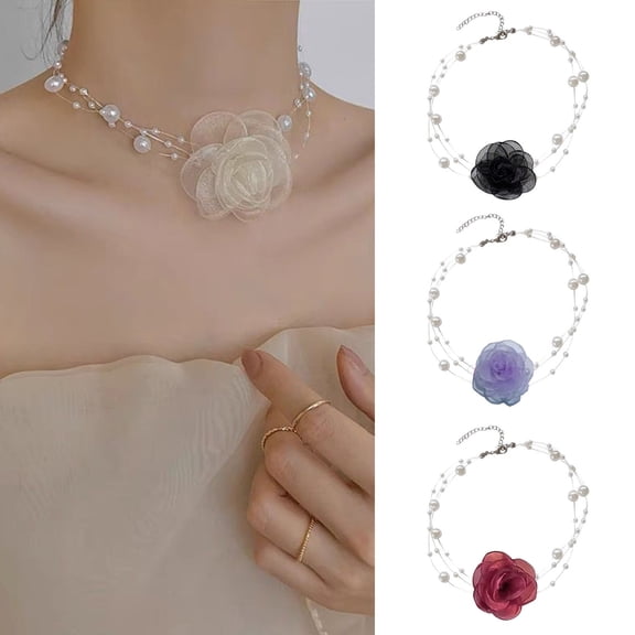 SmartBy Romantic Faux Pearl Choker Camellia Necklace Black White Summer Clavicle Chain Rose Choker Bride Wedding Party Summer Necklace
