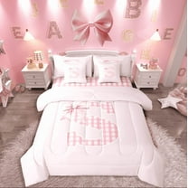 Manfei Bowknot Alphabet 7-Piece Twin Bedding Sets,Pink White Bedding Comforter Set,Plaid Buffalo Breathable Sheet Sets,Luxury Girls Bedroom Decor,Reversible