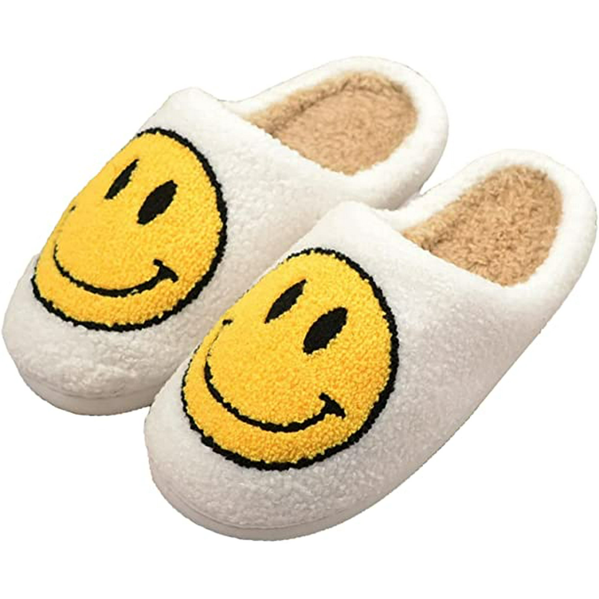 Jhijhoo Retro Smiley Face Slippers Fuzzy Fluffy Cute House Home Shoes Memory Foam Soft Plush Warm Indoor Slides Winter Fur Clogs For Women Men White 4