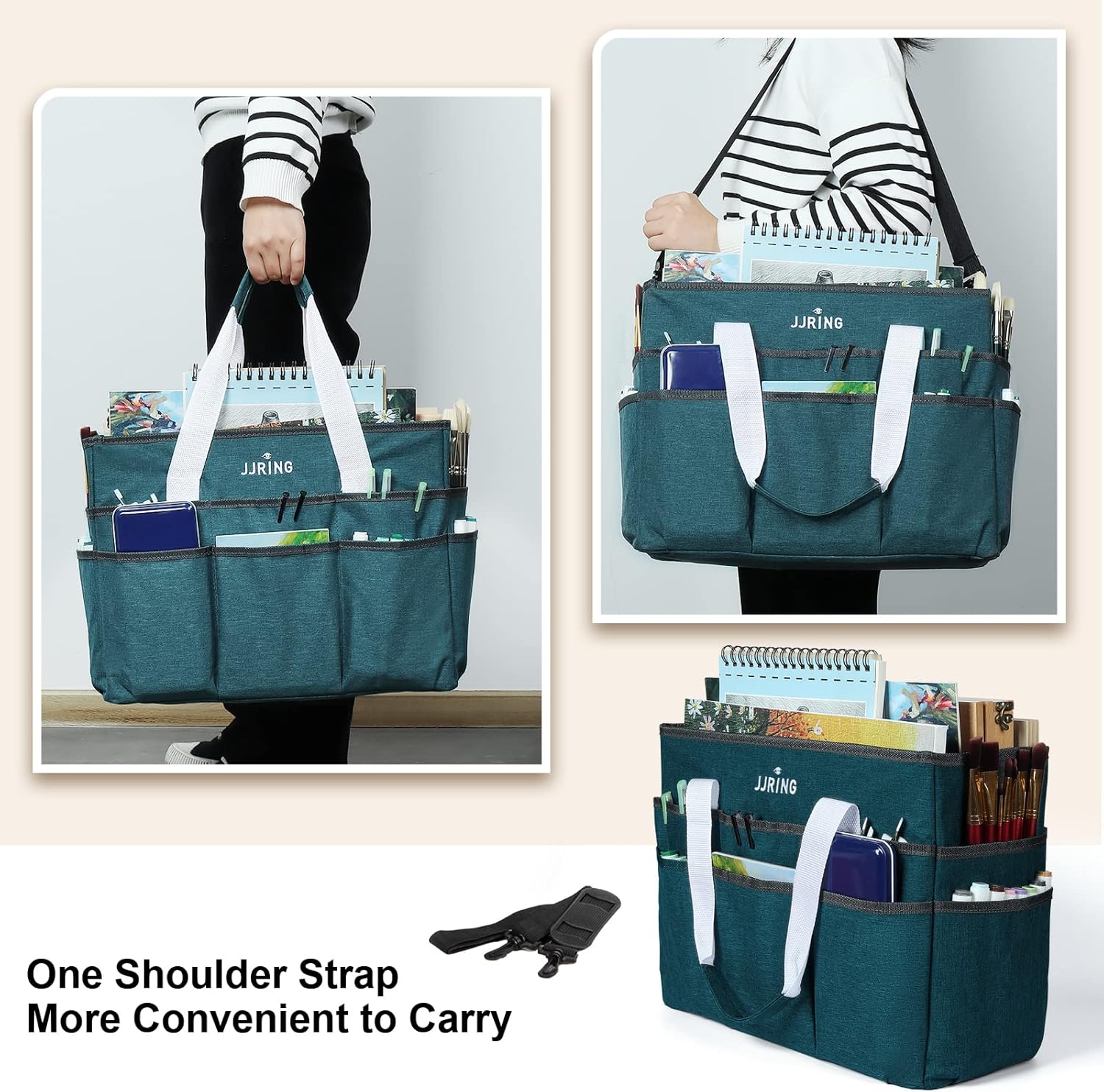 Large Craft Organizer Tote Bag, Bluish Green Art Storage Caddy with Multiple Pockets for Sewing, Scrapbooking, School & Office