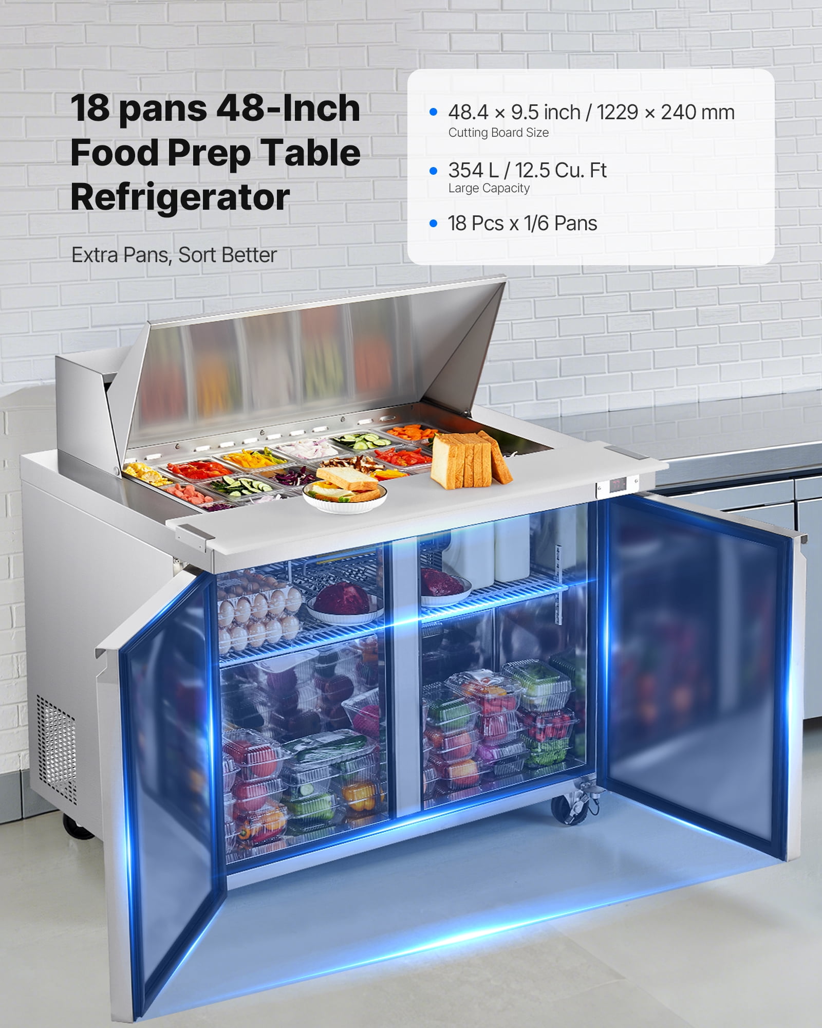VEVOR 48"W Commercial Refrigerator, 12.5 Cu. Ft Sandwich Prep Refrigerated Table,Mega Top Food Prep Fridge with 18 Pans and Cutting Board,Stainless Steel Salad Prep Cooler for Restaurant,Food Truck