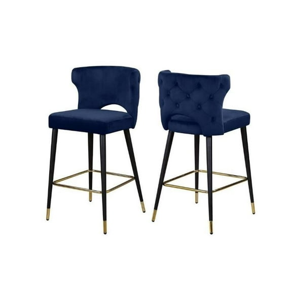 Home Square 2 Piece Upholstered Velvet Bar Stool Set in Navy