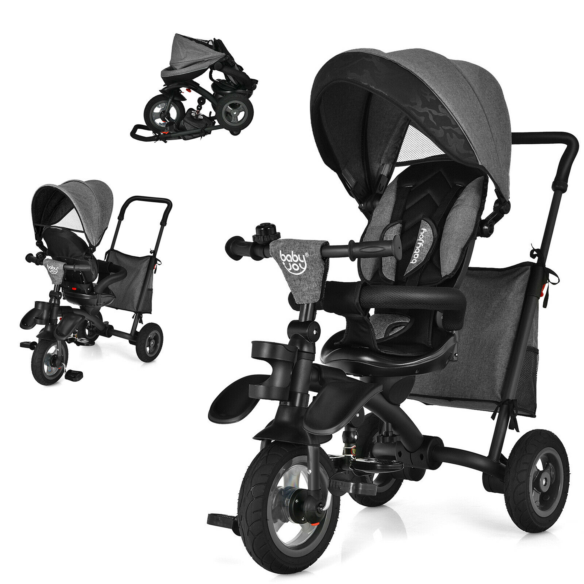 Gymax 7-In-1 Kids Baby Tricycle Folding Steer Stroller w/ Rotatable Seat  Grey - Walmart.com