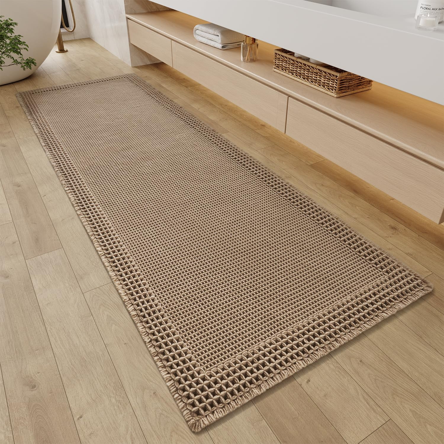 Waffle Bathroom Runner Rugs, Super Absorbent Bath Mat Non Slip Washable Quick Dry, Upgraded Ultra Soft Boho Bath Rugs with Tassels, Farmhouse Home Decor Accessories, 2'x5'(24"x60") Blue