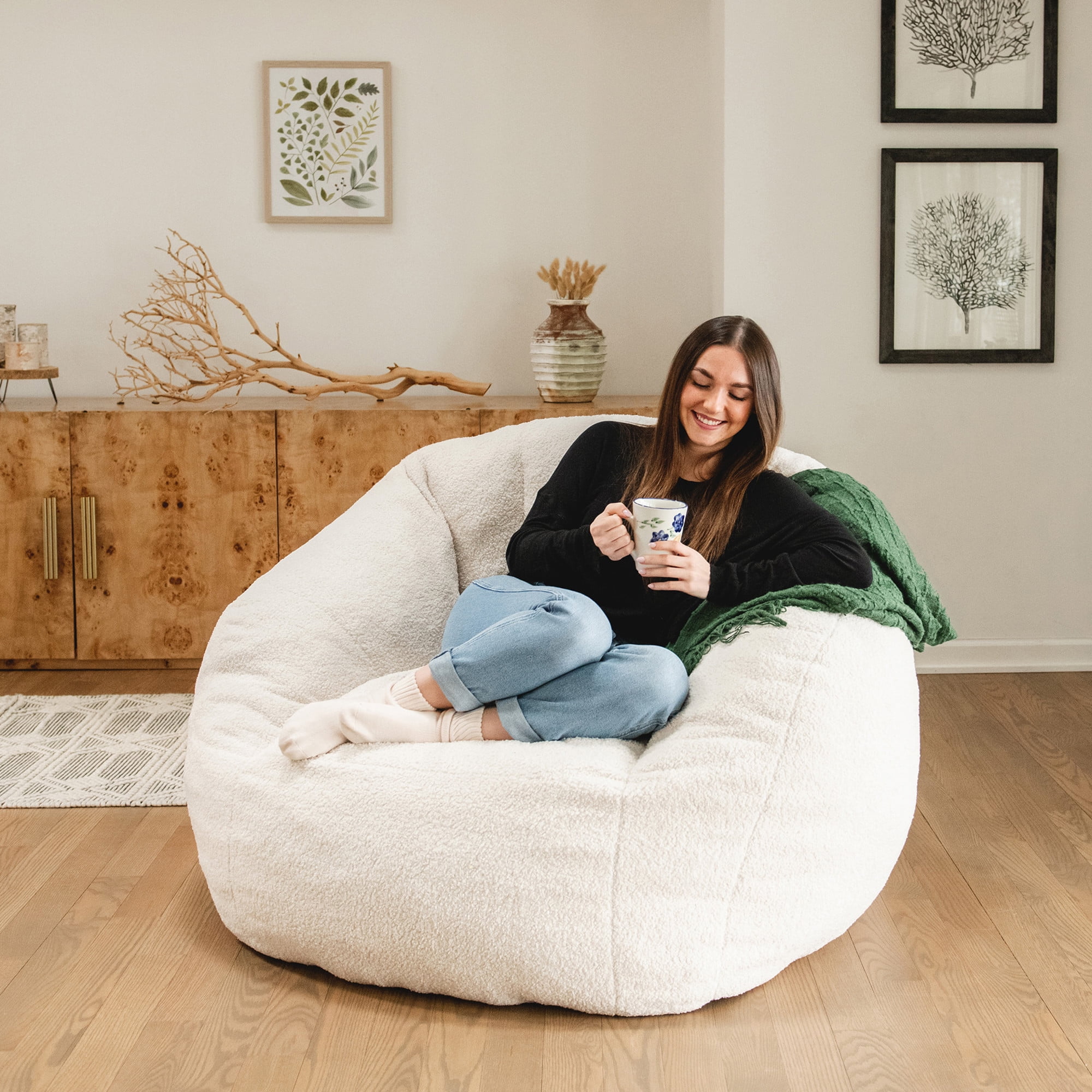 Big Joe Cloudberry Bean Bag Chair, Foam-Filled Structured Seat, Teddy Boucle, Icing, Adults