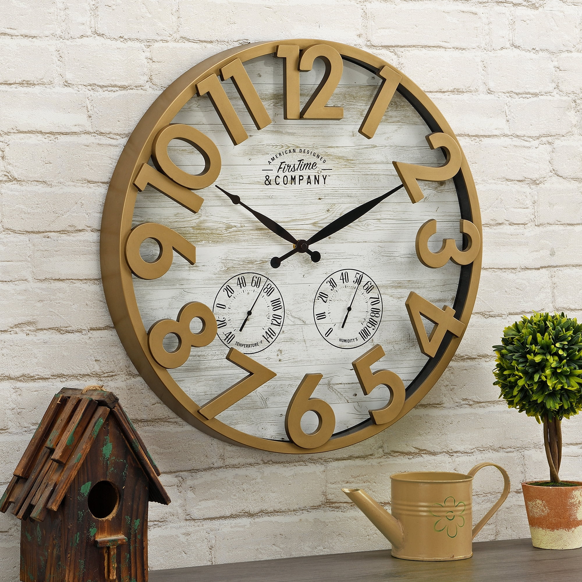 FirsTime & Co. Gold Shiplap Outdoor Wall Clock, Farmhouse, Analog, 18 x