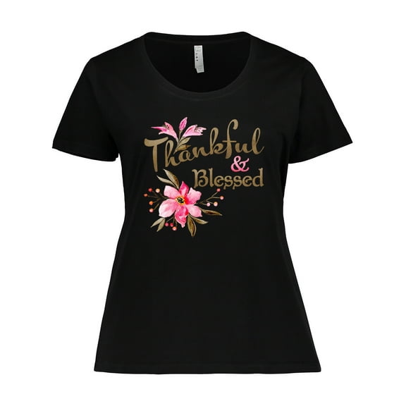 Inktastic Thankful and Blessed Inspirational Saying with Pink Flowers Women's Plus Size T-Shirt