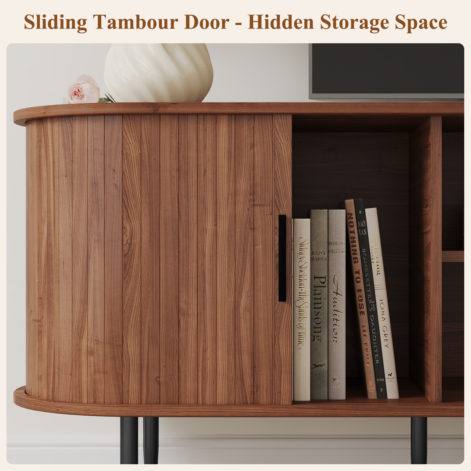 HLR 55" Mid-Century Modern TV Stand with Sliding Doors, Brown photo 8