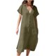 thumbnail image 1 of Vestido camisero con cordón y escote en V de un solo pecho de Color liso para mujer, vestido de lino y algodón con bolsillos Pompotops ghjkhdj13194, 1 of 8