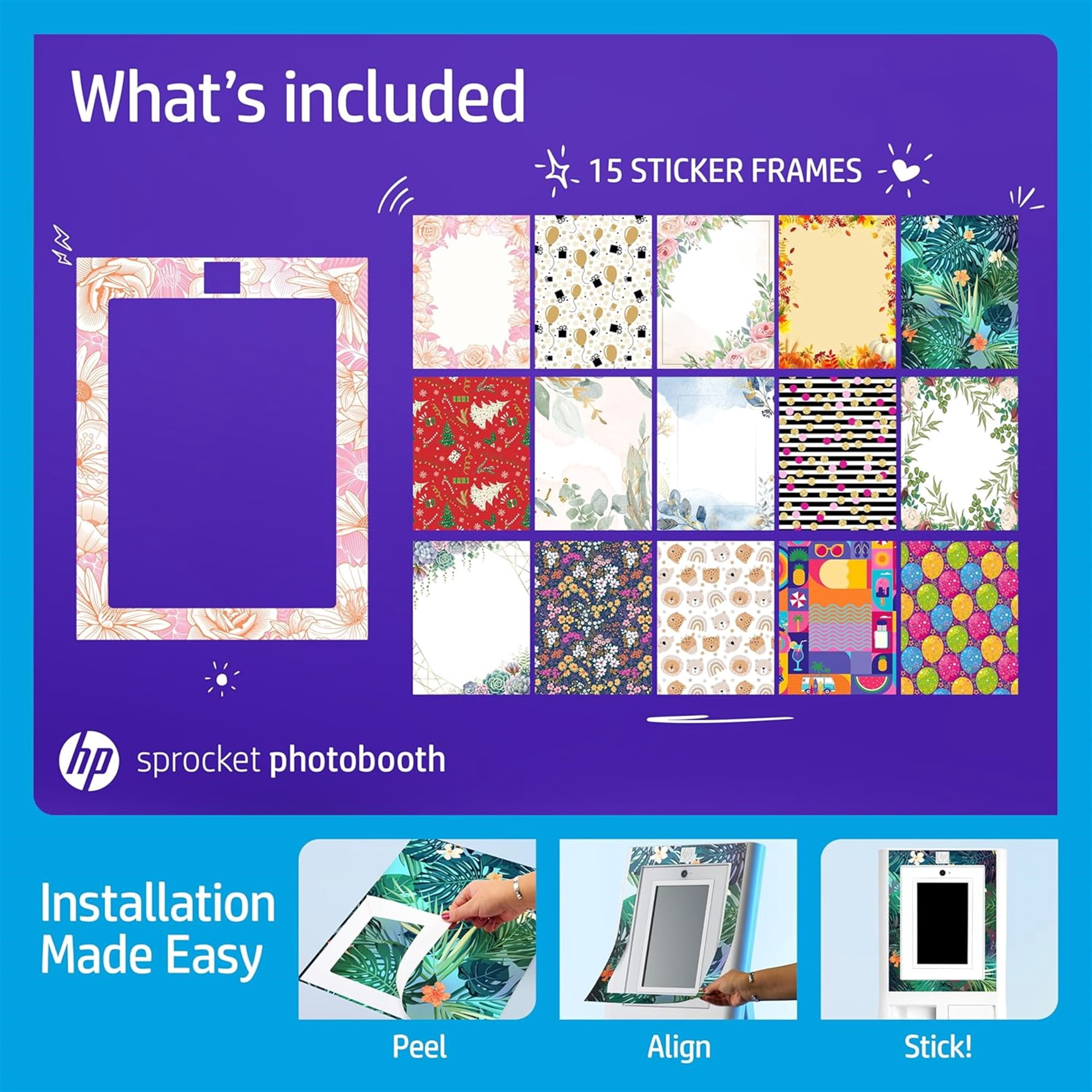 HP Sprocket Photobooth Sticker Frames - 15-Pack of Custom Adhesive Stickers Exclusively for Use with HP Sprocket Photobooth