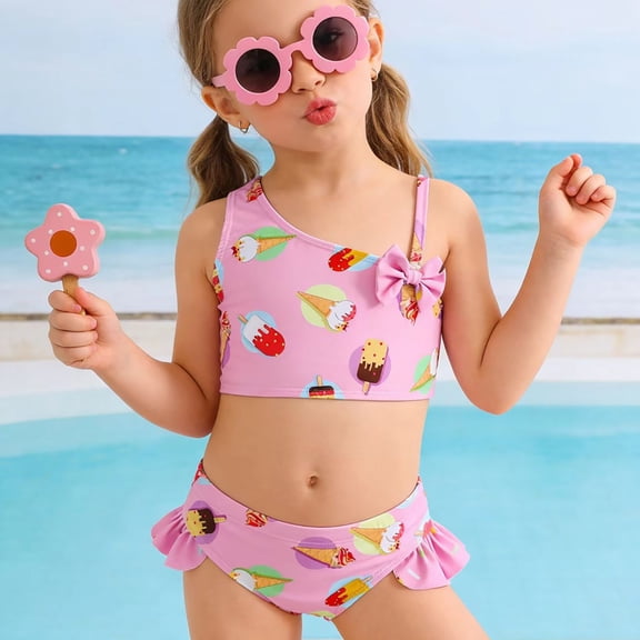 Swimsuit for Girls Kids Two Piece Swimsuit Ice Cream Print Asymmetric Straps Bow Detail Top with Bottoms Girls Bathing Suits Size 4-5Y