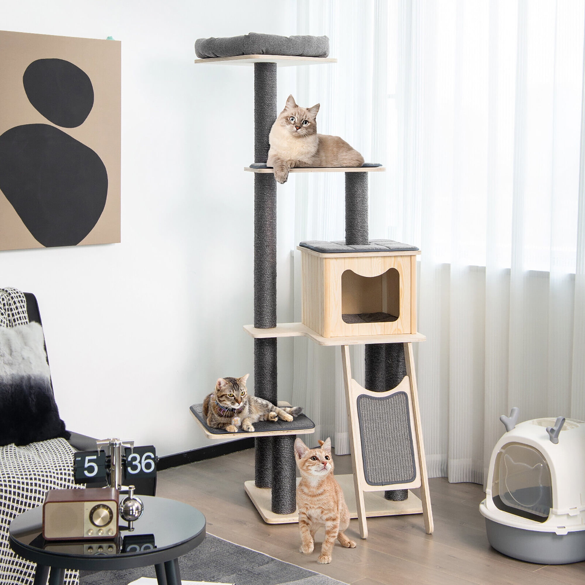 Gymax 69 in Modern Wood Cat Tree 5-Tier Tall Cat Tower w/ Washable Cushions