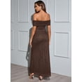 thumbnail image 3 of Vestido largo KUTUMAI con hombros descubiertos, malla fruncida, lentejuelas marrones, L, 3 of 5