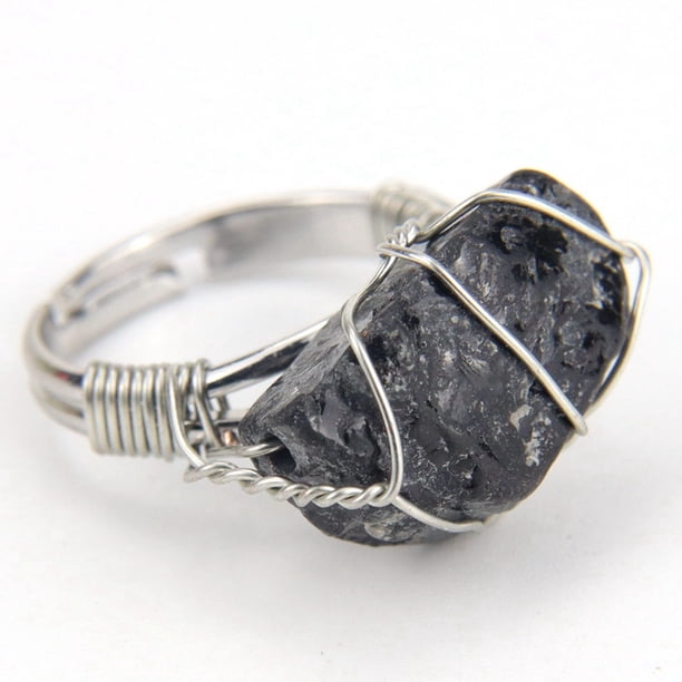 Xiao Hua Anillo natural hecho a mano, adecuado para hombres y mujeres, anillo de piedra natural envuelto a mano con alambre de cobre plateado personalizado, ajustable para mujeres (negro)