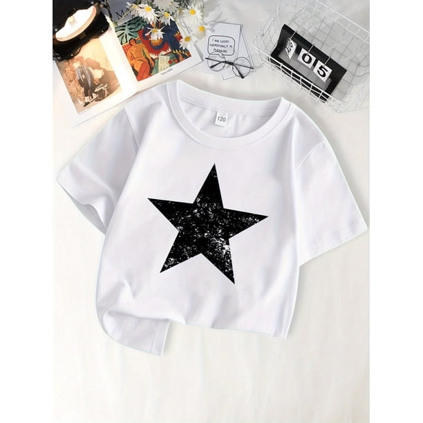 Camiseta de algodón suave para niña con estampado de estrellas - Top informal de cuello redondo y manga corta para verano