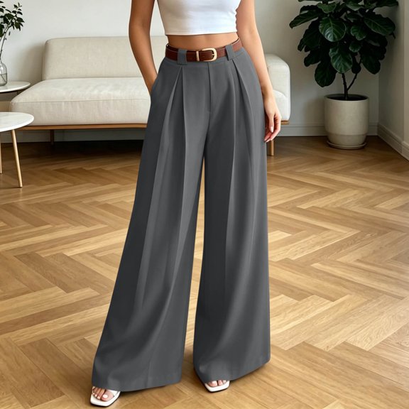 Aimik Women's High Waist Pleated Wide Leg Dress Pants Solid Color Straight Leg Trousers with Belt Work Business Long Pant