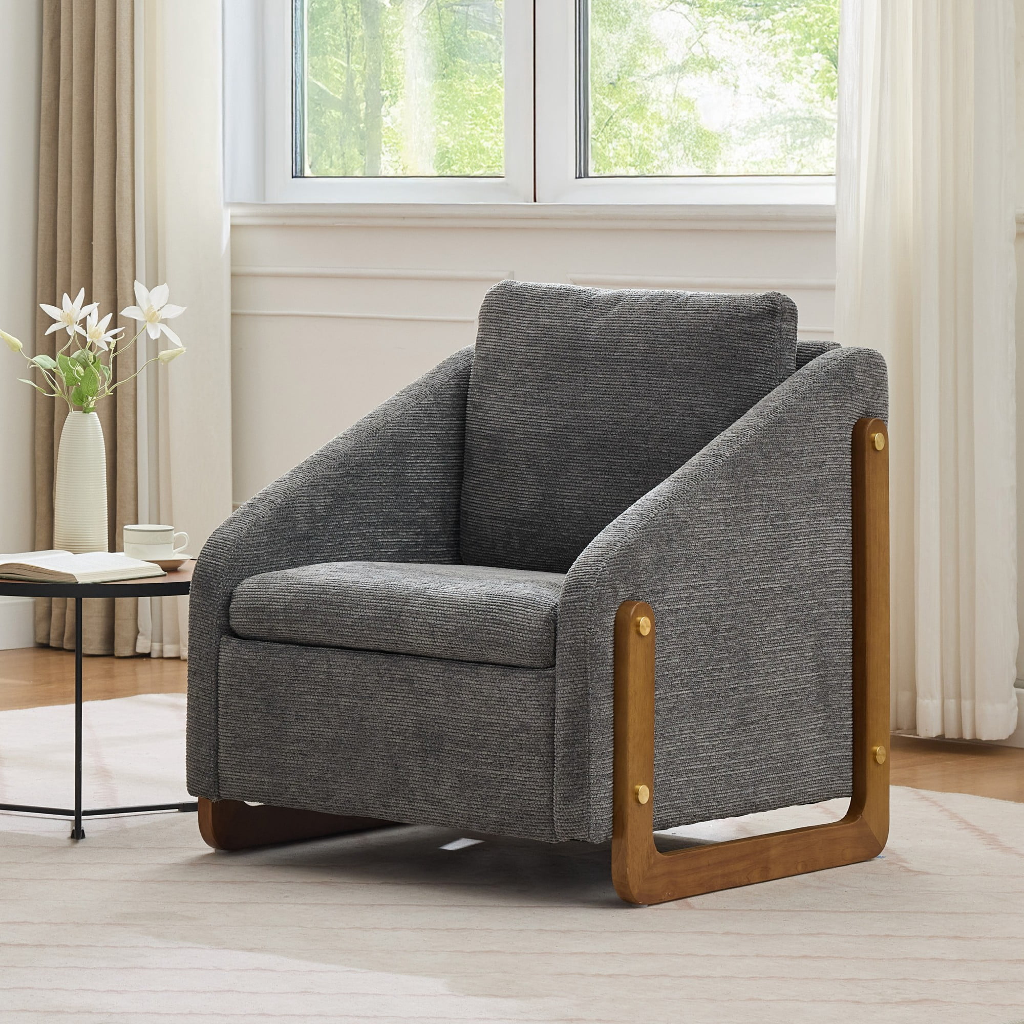 Modern Arm Chair Armchair,Chenille Upholstered Accent Chair with Cushioned Seat and Backrest for Living Room, Bedroom,Gray
