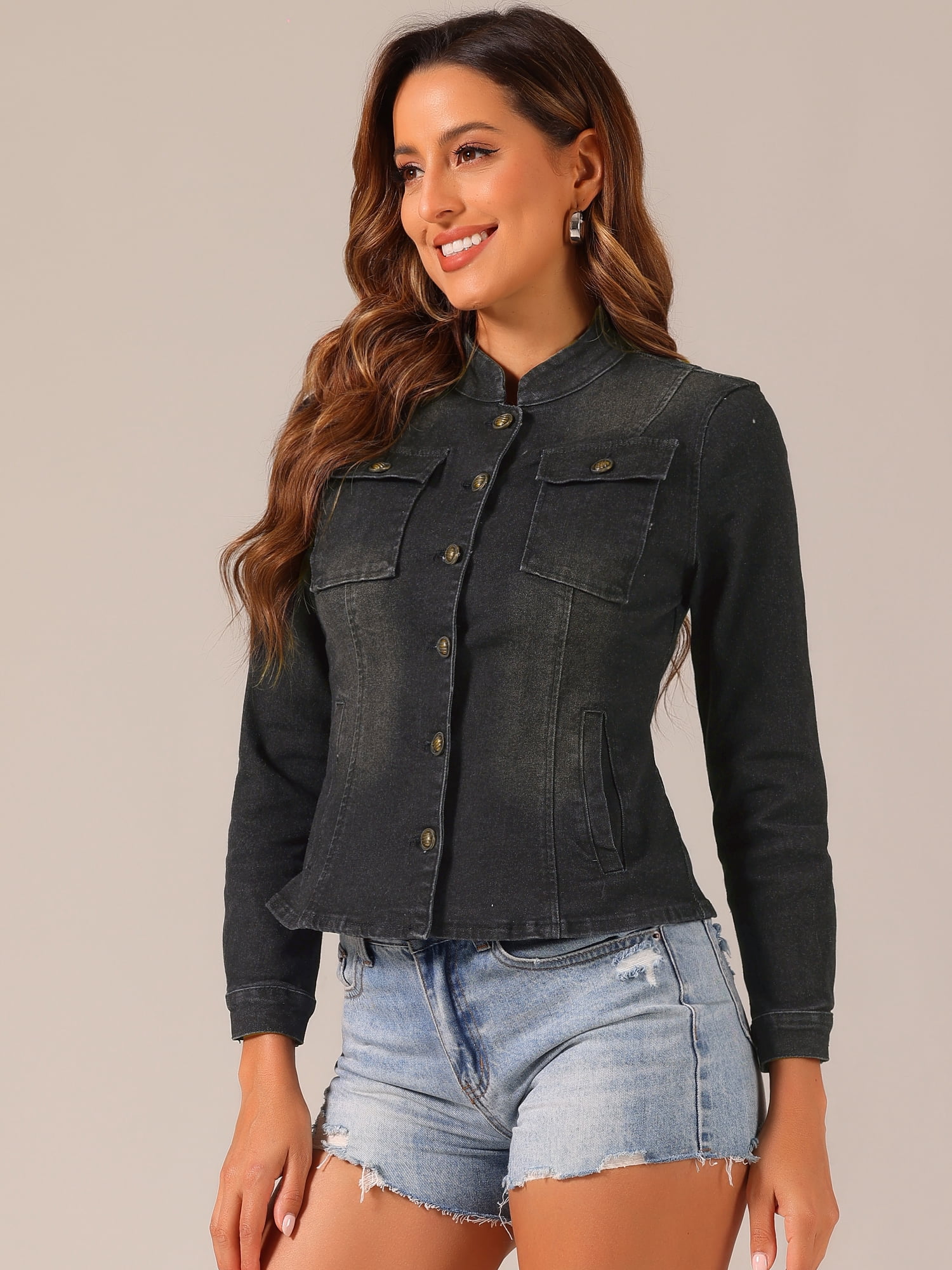 DARING DIVA Women's Classic Stand Collar Denim Jacket M Black